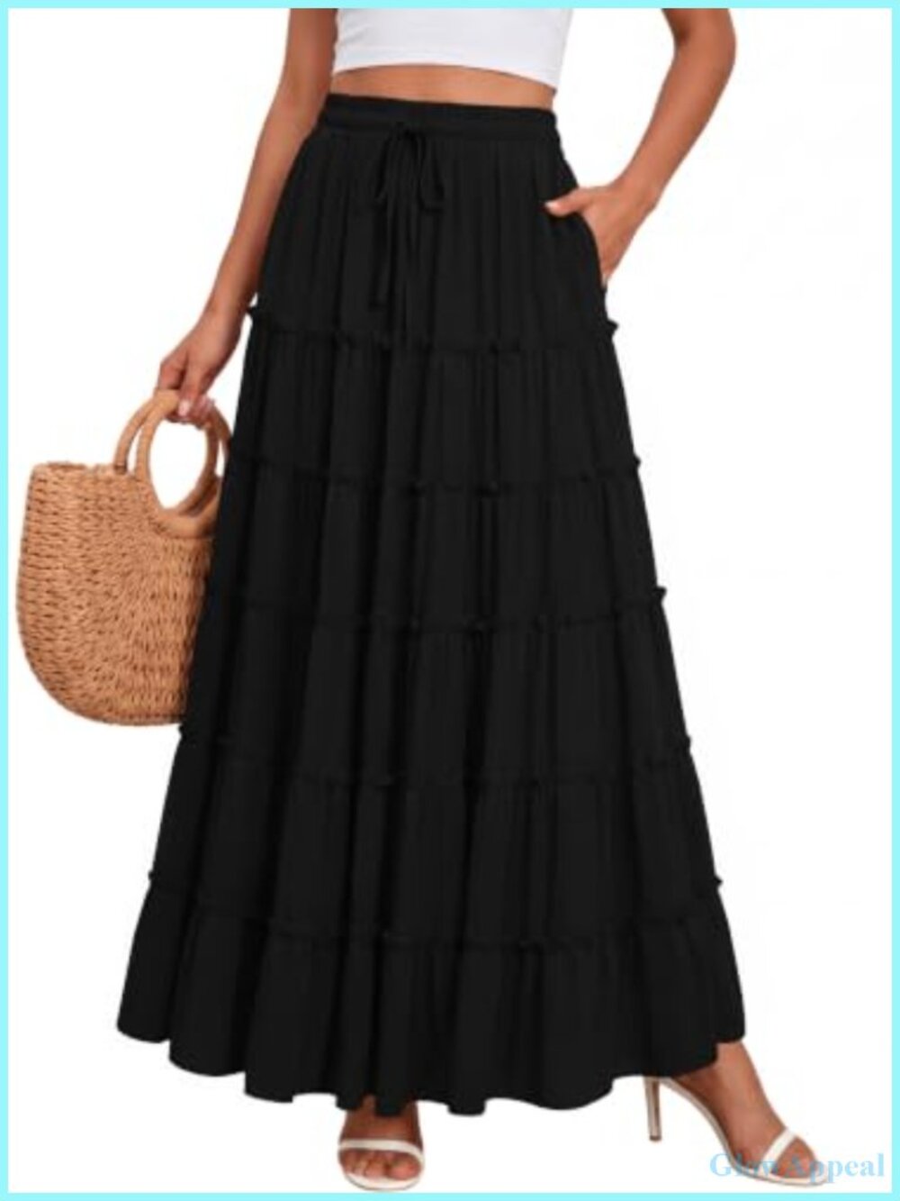 Chiffon Maxi Skirt with Pockets, Elastic High Waist A-Line Tiered Long Skirt
